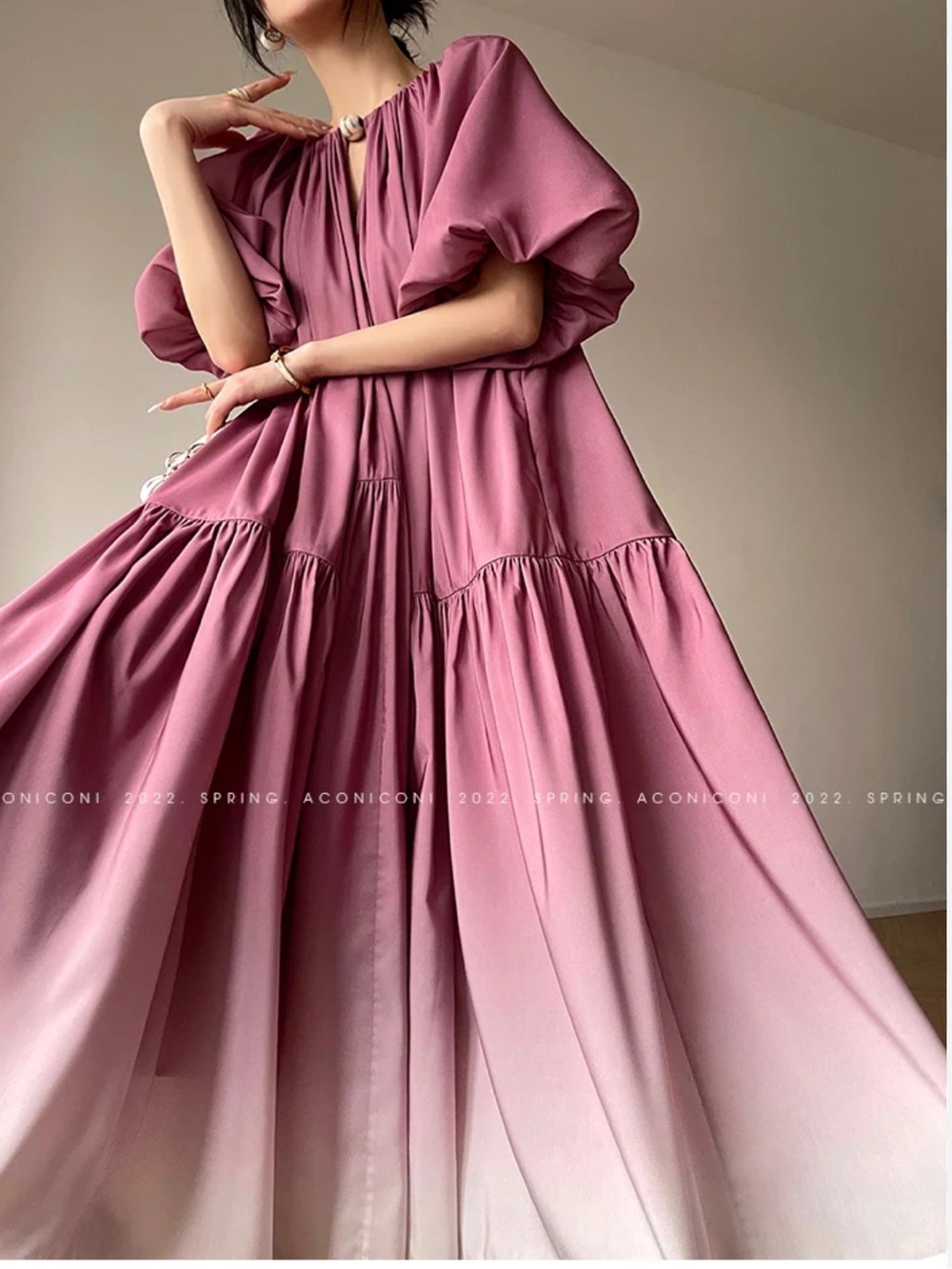Rose Ombre Tiered Maxi Dress with Tie Neck